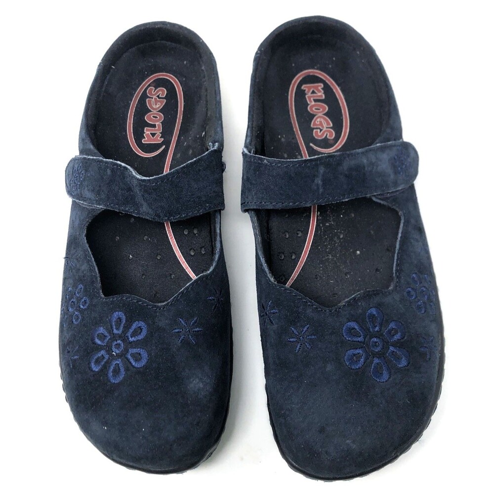 KLOGS Valley Mary Jane Clogs Womens Sz 9 Navy Blue Suede Embroidered Foral Comfy